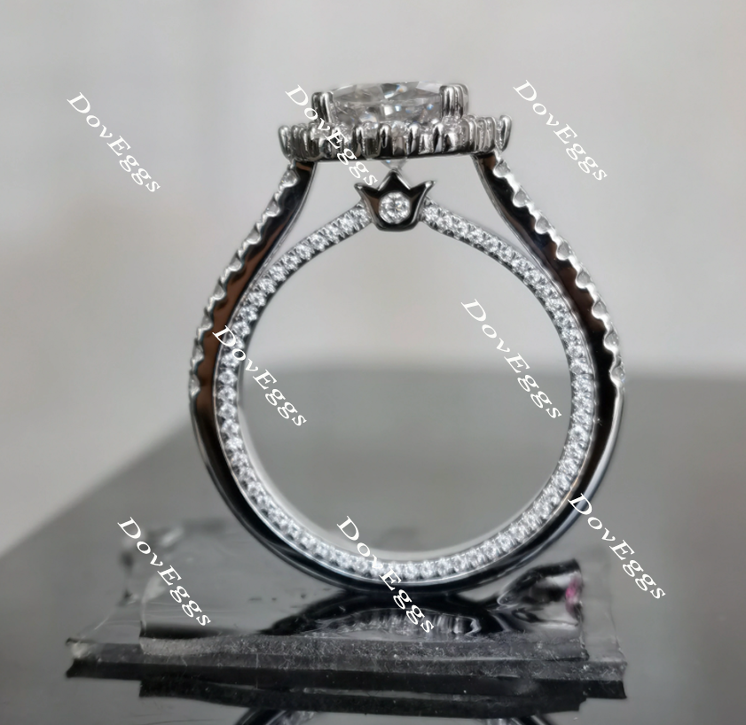 First Love half eternity paved halo cushion moissanite engagement ring