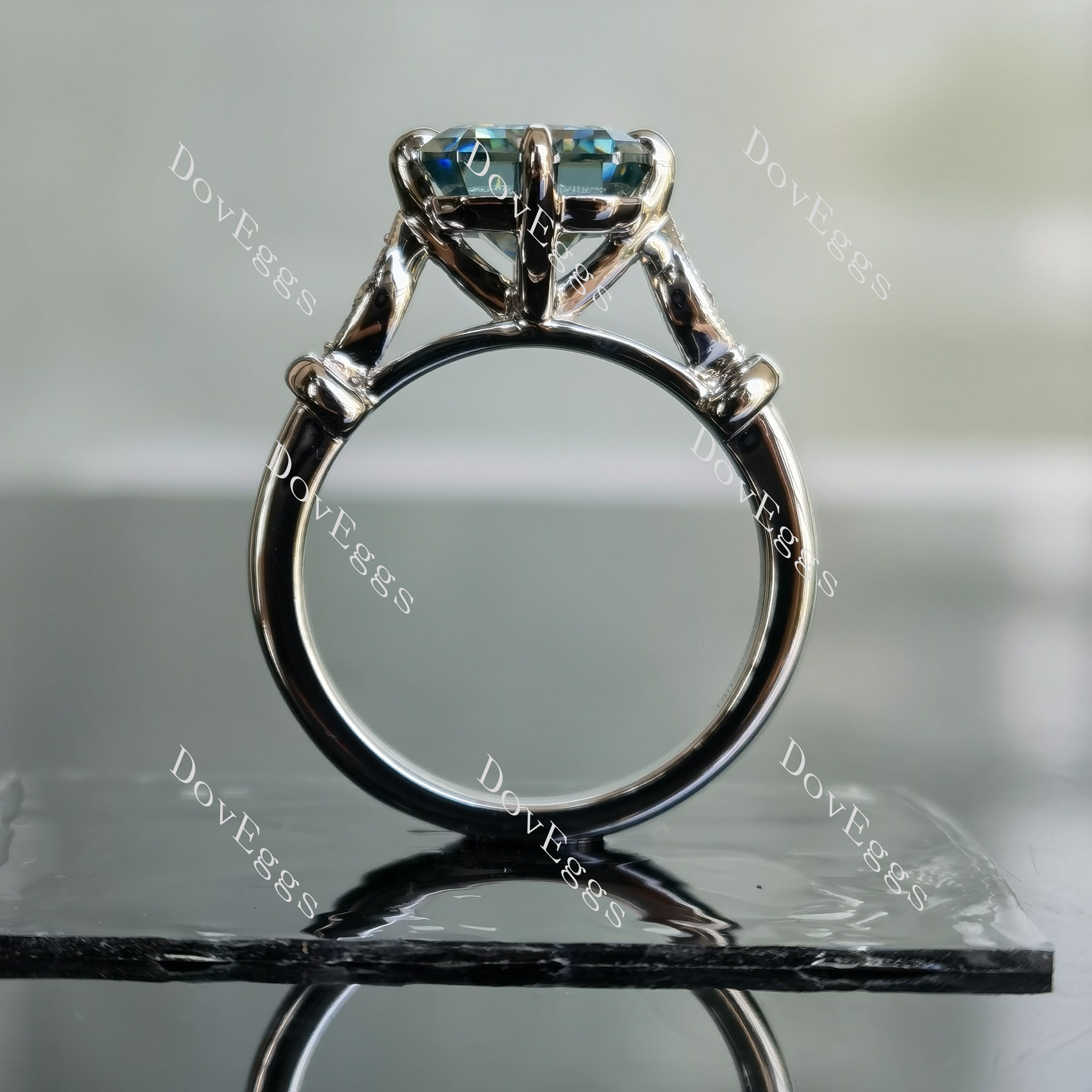 Doveggs art deco peacock blue emerald moissanite engagement ring