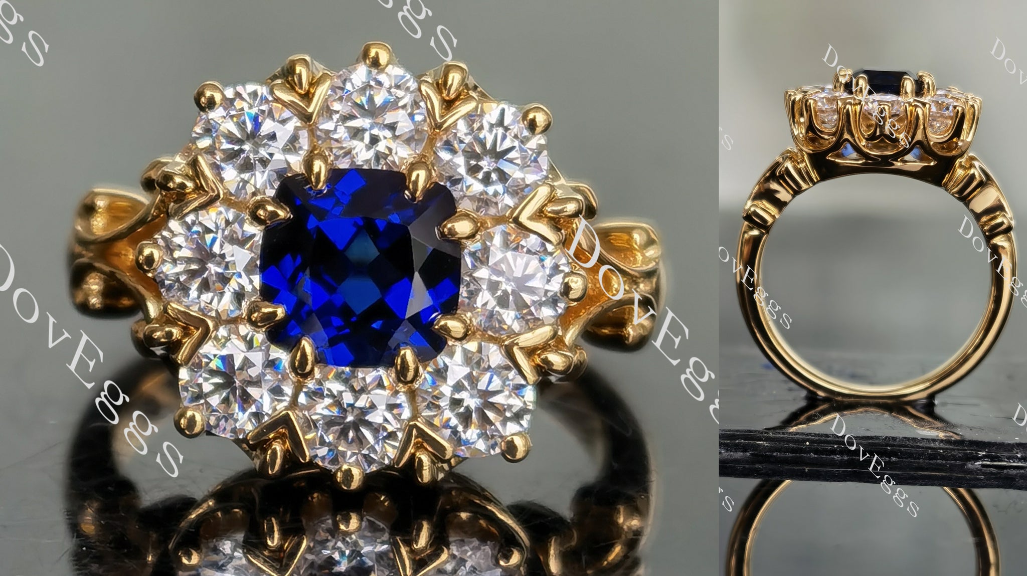 DovEggs cushion halo intense royal blue sapphire colored gem engagement ring