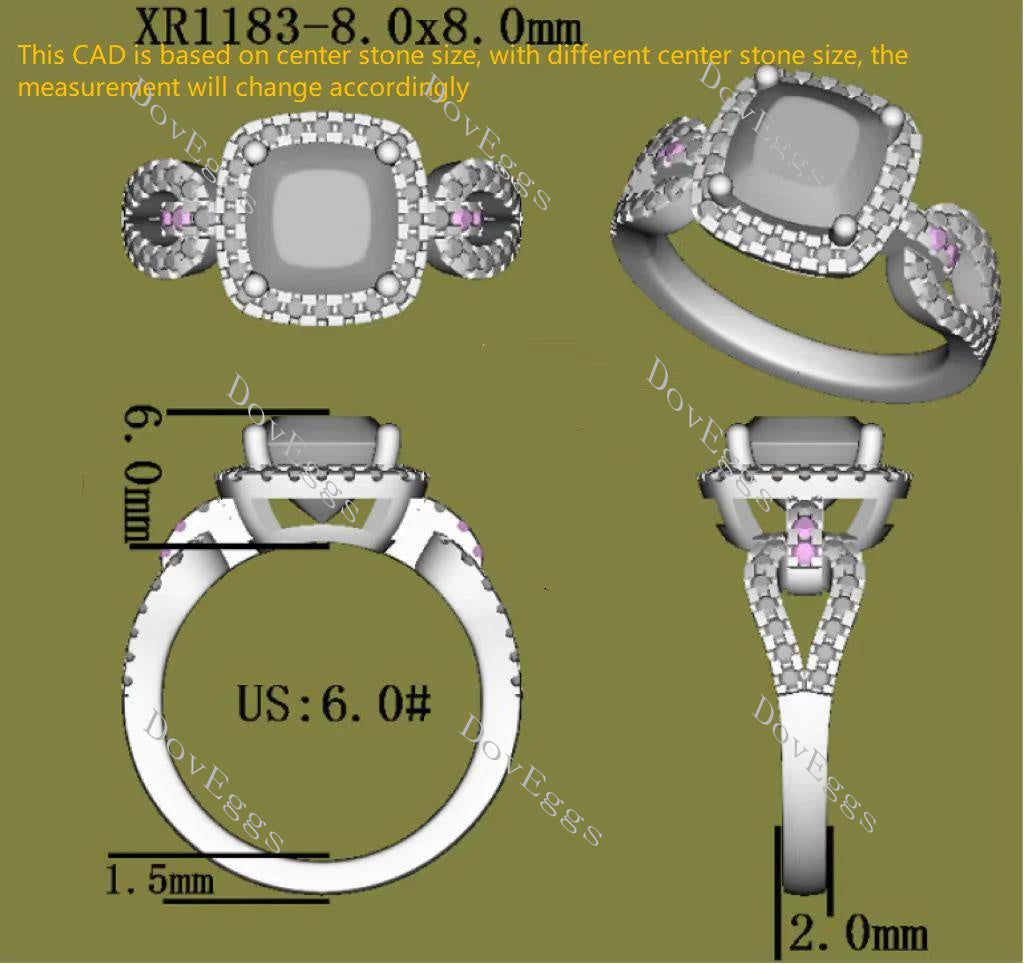 Doveggs cushion split shank halo pave moissanite and birthstone engagement ring