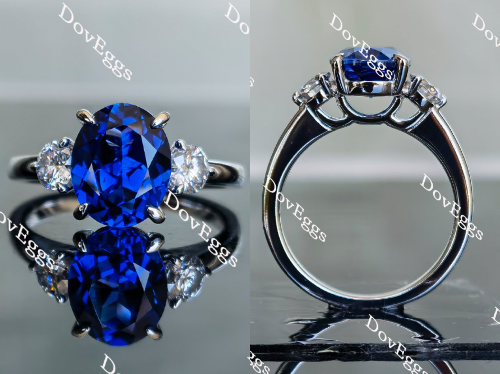 Doveggs oval three-stone blue sapphire colored gemr ring