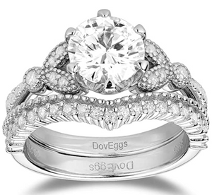 DovEggs sterling silver 1.5 carat art deco round moissanite bridal set (2 rings)