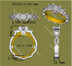Doveggs square radiant three-stone moissanite engagement ring
