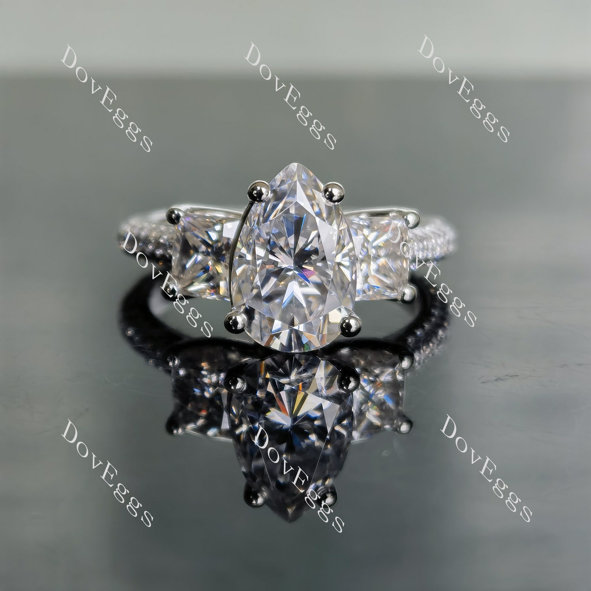 Doveggs pear pave three stones moissanite engagement ring