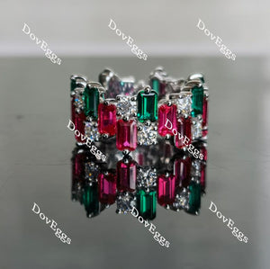 Doveggs emerald shape emerald & ruby combo colored gem and round moissanite wedding band-9.2mm band width