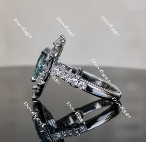 DovEggs Peacock blue vintage halo pear moissanite engagement ring