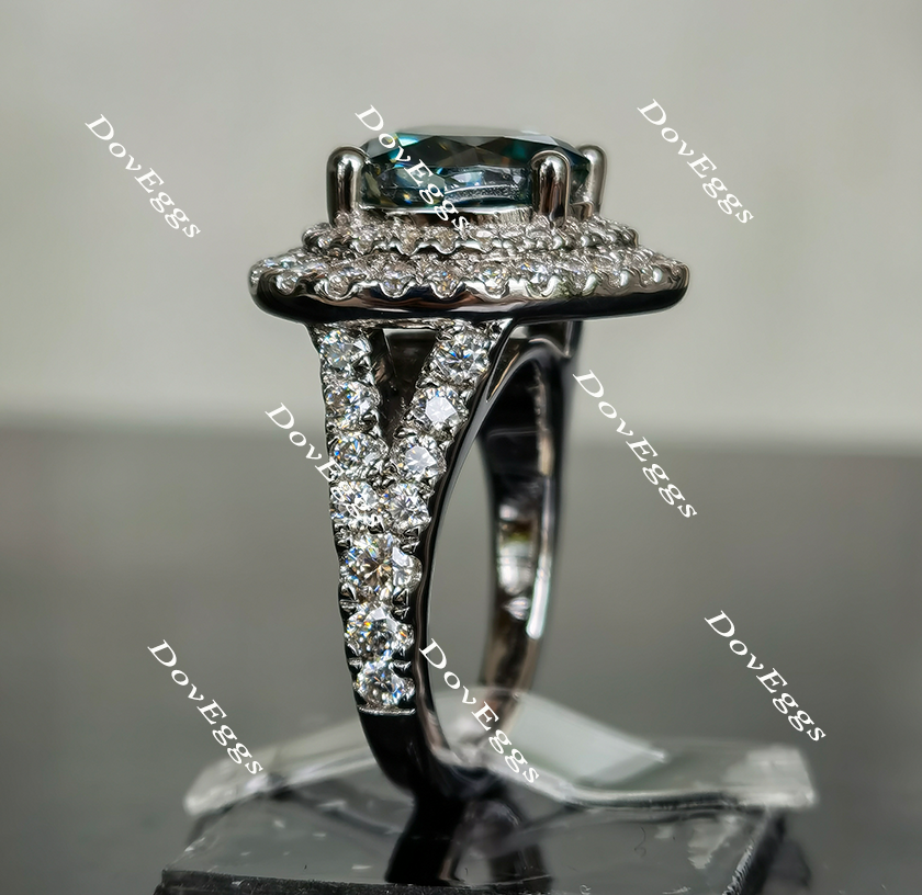 DovEggs double halo colored moissanite engagement ring