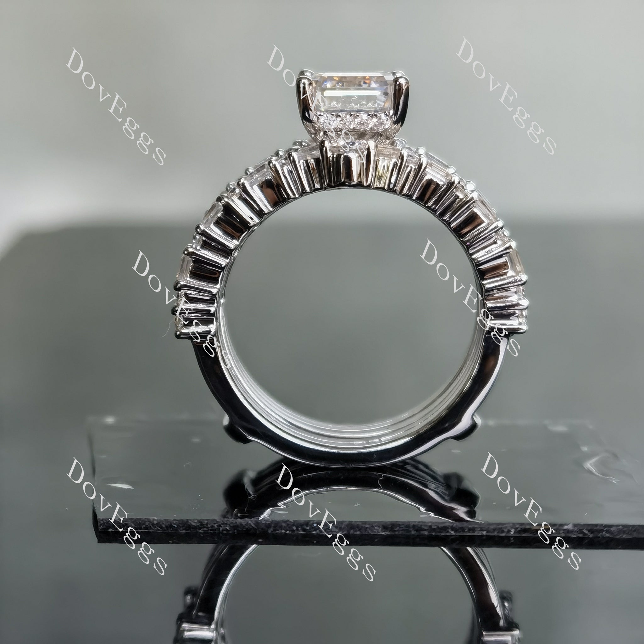 Doveggs emerald half eternity pave moissanite engagement bridal set (2 rings)