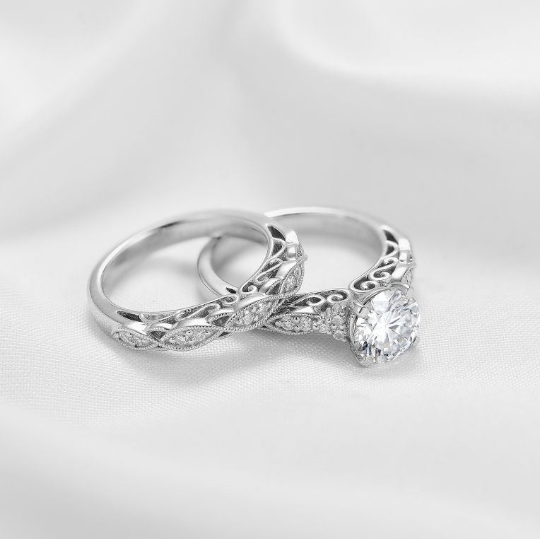 DovEggs sterling silver 1.5 carat art deco round moissanite bridal set (2 rings)