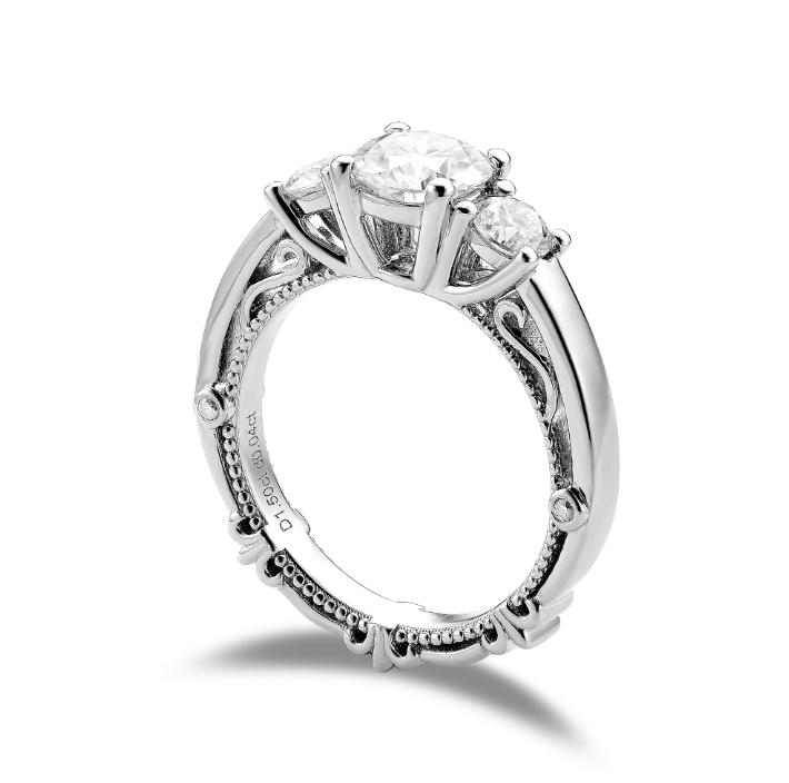 Doveggs round three-stone sterling silver moissanite engagement ring