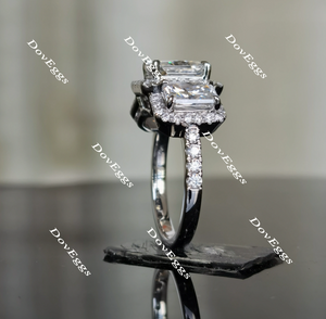 Doveggs halo three stone radiant moissanite engagement ring