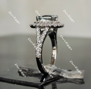 DovEggs Smokey sparks grey radiant double halo moissanite engagement ring