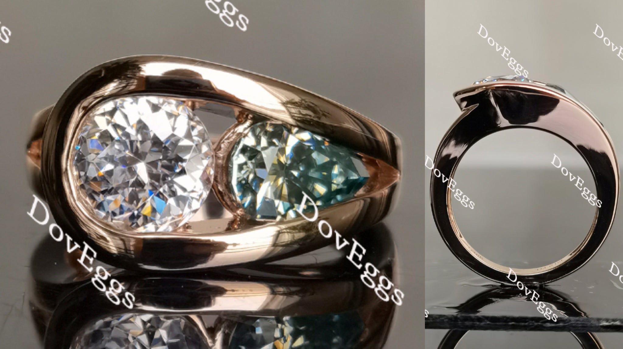 Doveggs GHI color(near colorless) round and peacock blue pear moissanite ring