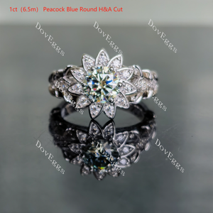 Blooming Angel round portuguese Peacock blue moissanite engagement ring