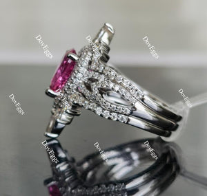 Sassanach pear halo pink sapphire colored gem bridal set(3 rings)