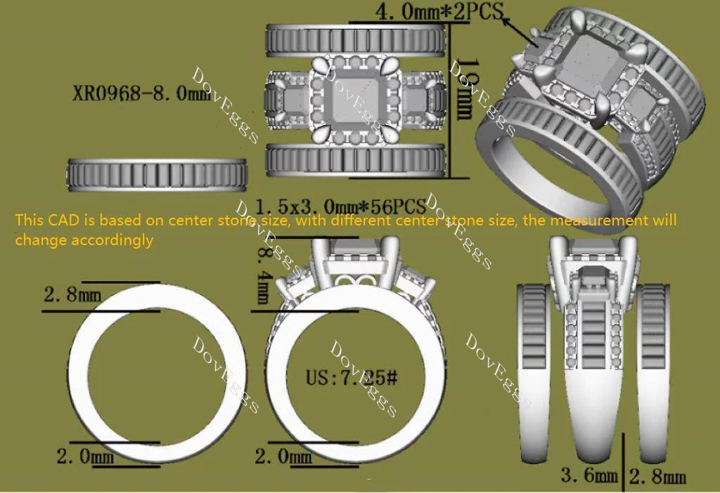 Doveggs radiant side stone halo moissanite bridal set (3 rings)