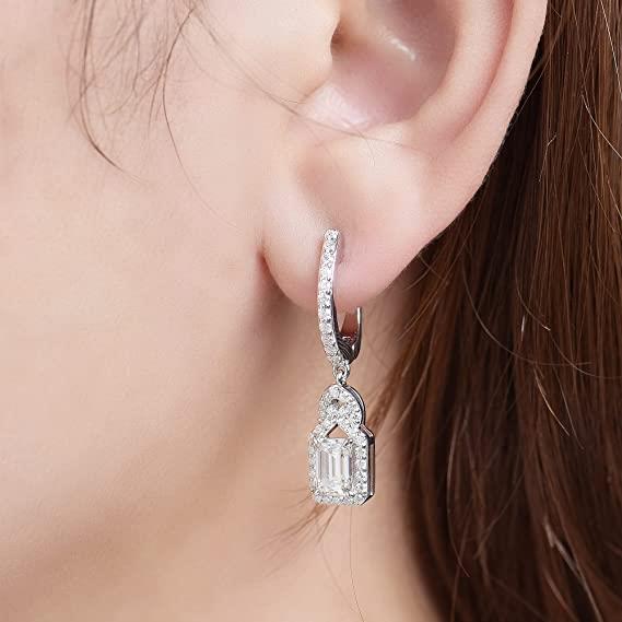 Doveggs sterling silver 2cttw GHI color emerald leverback drop hoop moissanite earrings