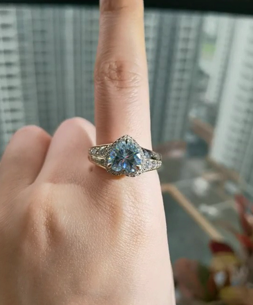 DovEggs halo heart Peacock blue moissanite engagement ring