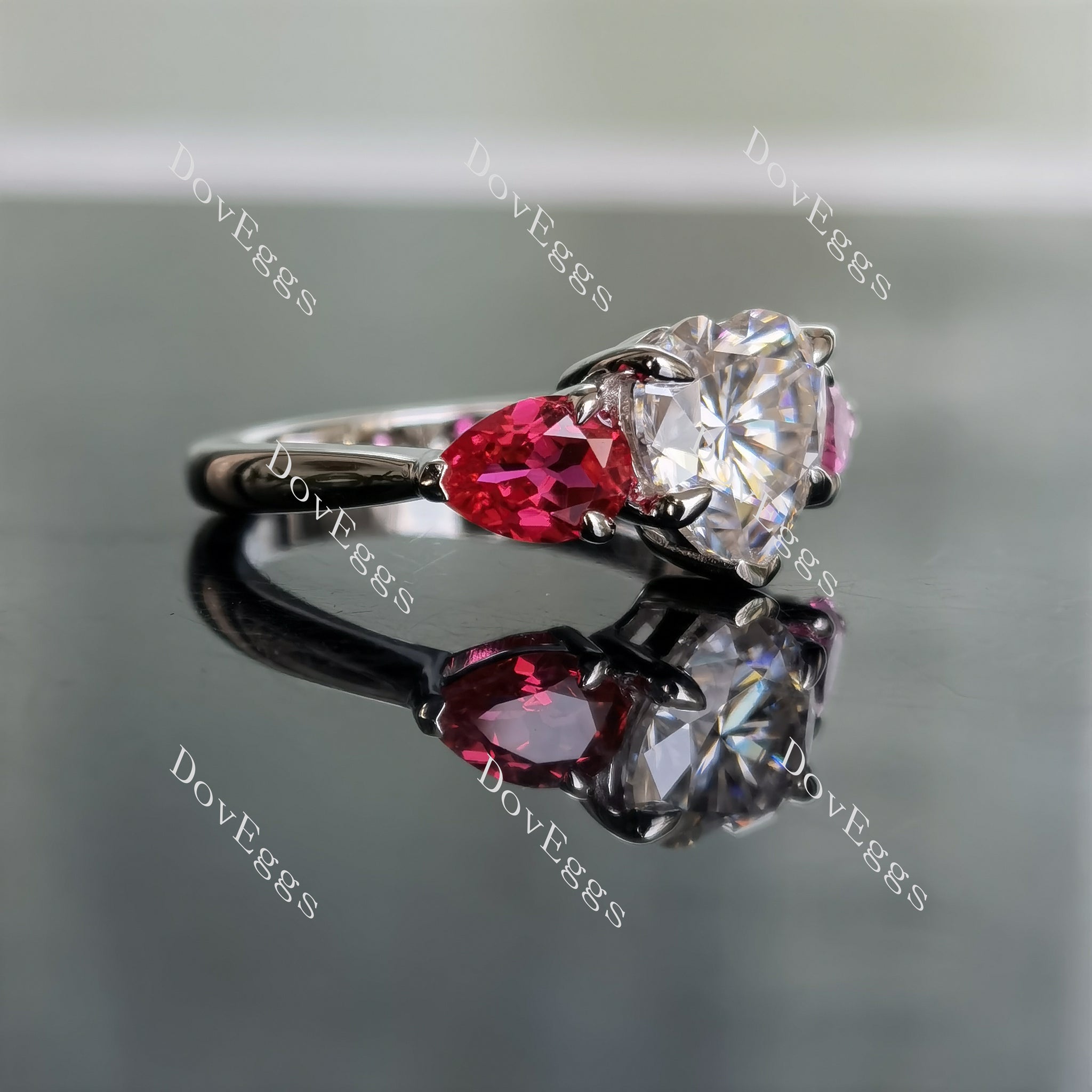 DovEggs heart three stones moissanite & colored gem engagement ring