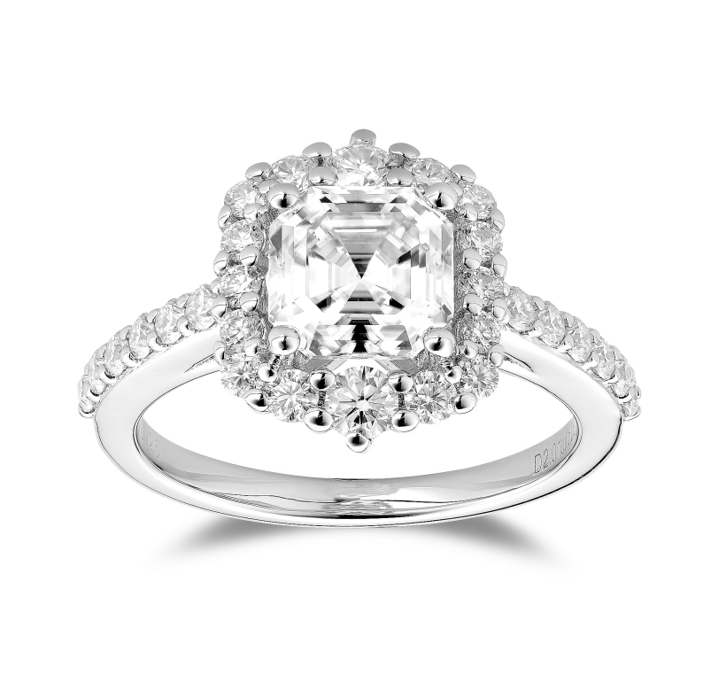 DovEggs sterling silver 2 carat halo asscher moissanite engagement ring