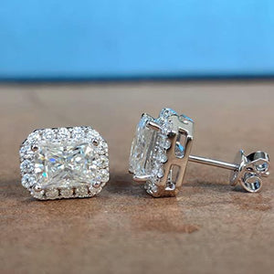 Doveggs 10k gold post sterling silver 2cttw GHI color halo radiant moissanite push back earrings