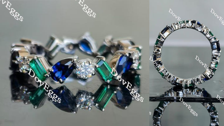 Doveggs round moissanite/emerald zambia emerald/pear blue sapphire wedding band-5mm band width - DovEggs-Seattle