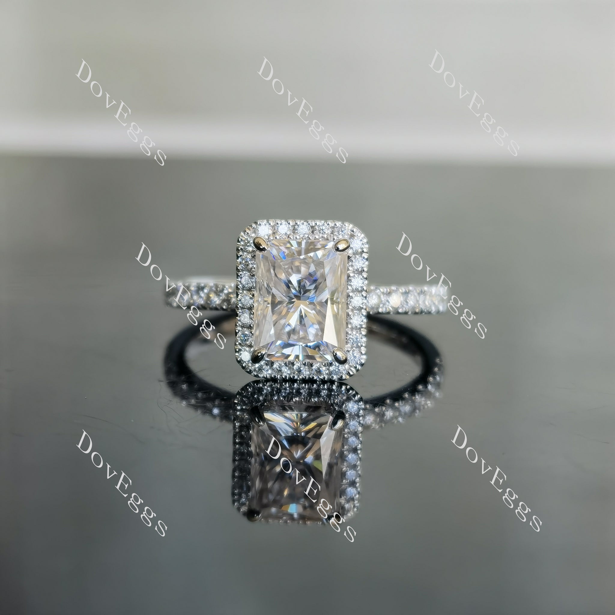 Doveggs radiant half eternity pave halo moissanite engagement ring