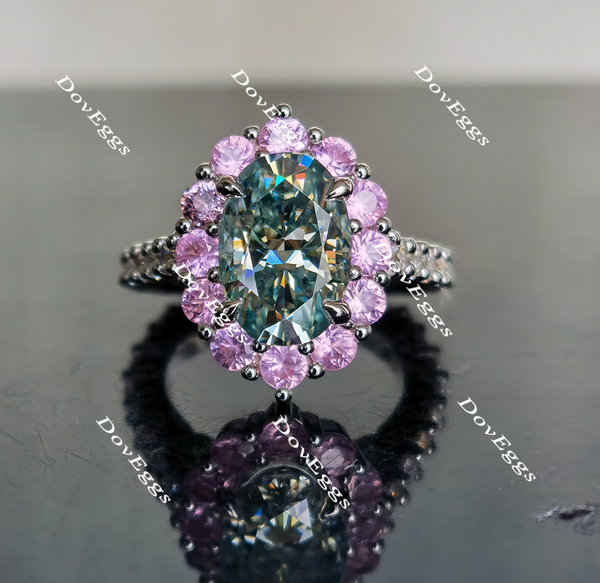 The Julie flower shape halo colored moissanite and birthstone ring