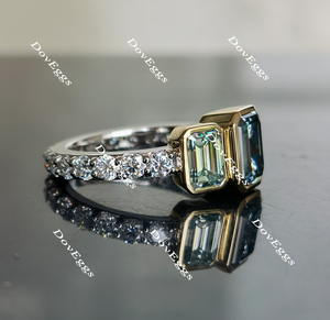 DovEggs Smokey Sparks Grey emerald bezel setting three-stone moissanite ring