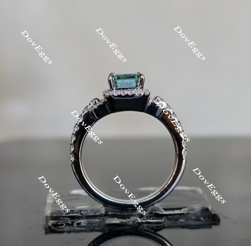 Doveggs Peacock blue half eternity pave halo emerald moissanite engagement ring