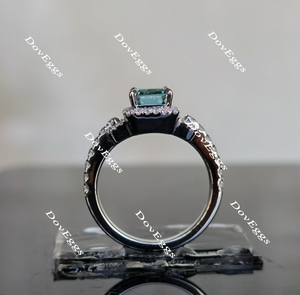 Doveggs peacock blue half eternity pave halo emerald colored moissanite engagement ring