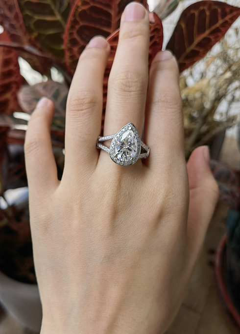 DovEggs pave halo pear moissanite engagement ring