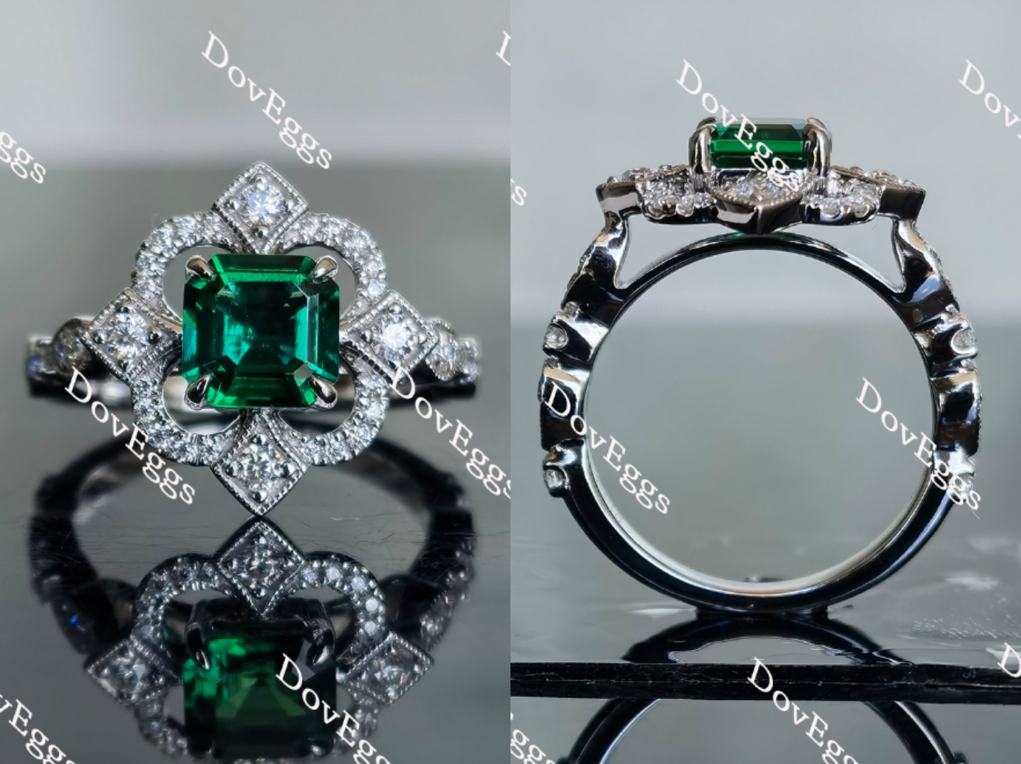 The aviator's flower Asscher shape zambia emerald colored gem ring