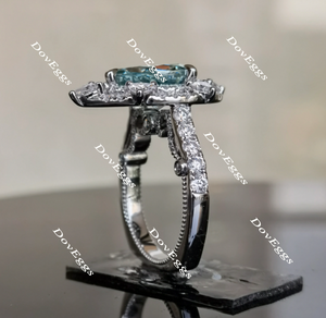DovEggs Peacock blue vintage halo pear moissanite engagement ring