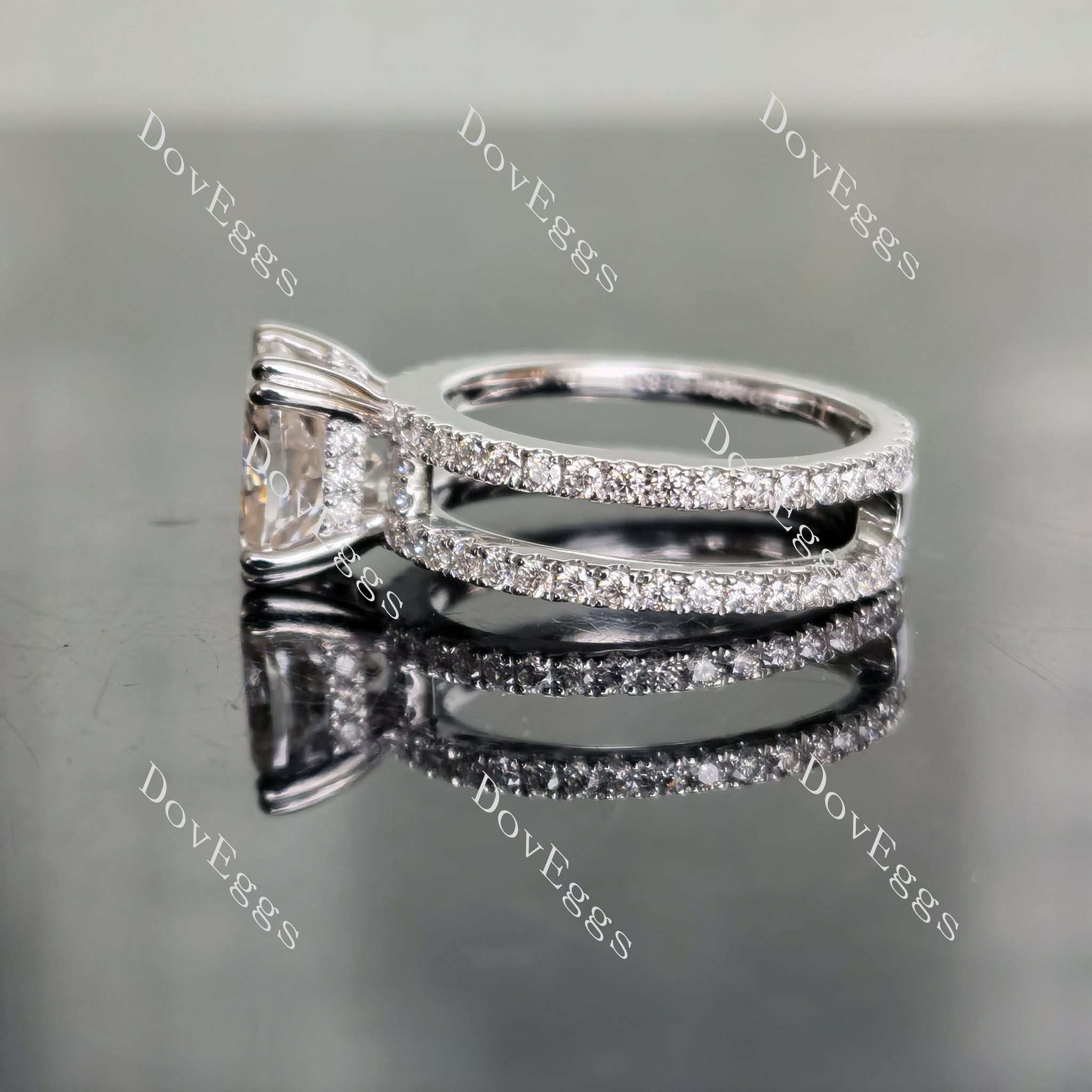 DovEggs cushion full eternity two pave moissanite engagement ring