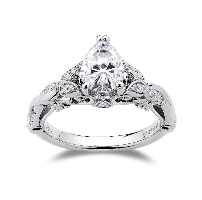 doveggs sterling silver 1.5 carat pear vintage moissanite ring