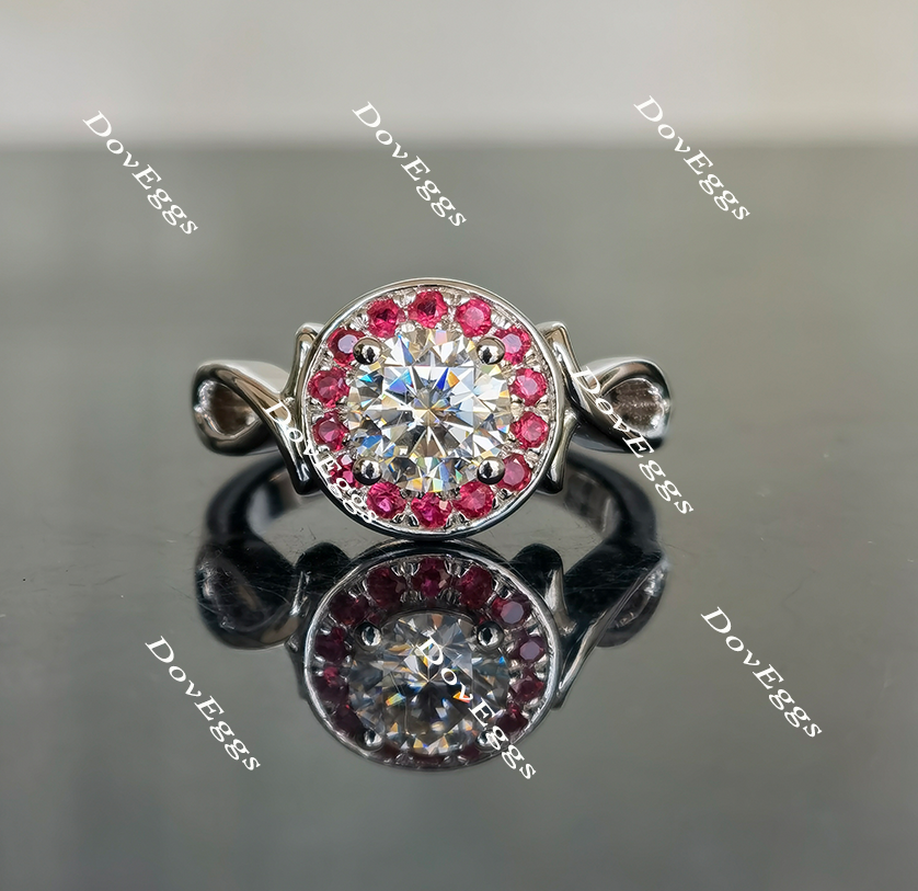 halo moissanite and birthstone engagement ring