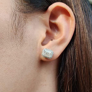 Doveggs 10k gold post sterling silver 2cttw GHI color halo radiant moissanite push back earrings