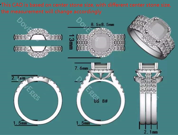 Doveggs cushion halo moissanite bridal set (3 rings)