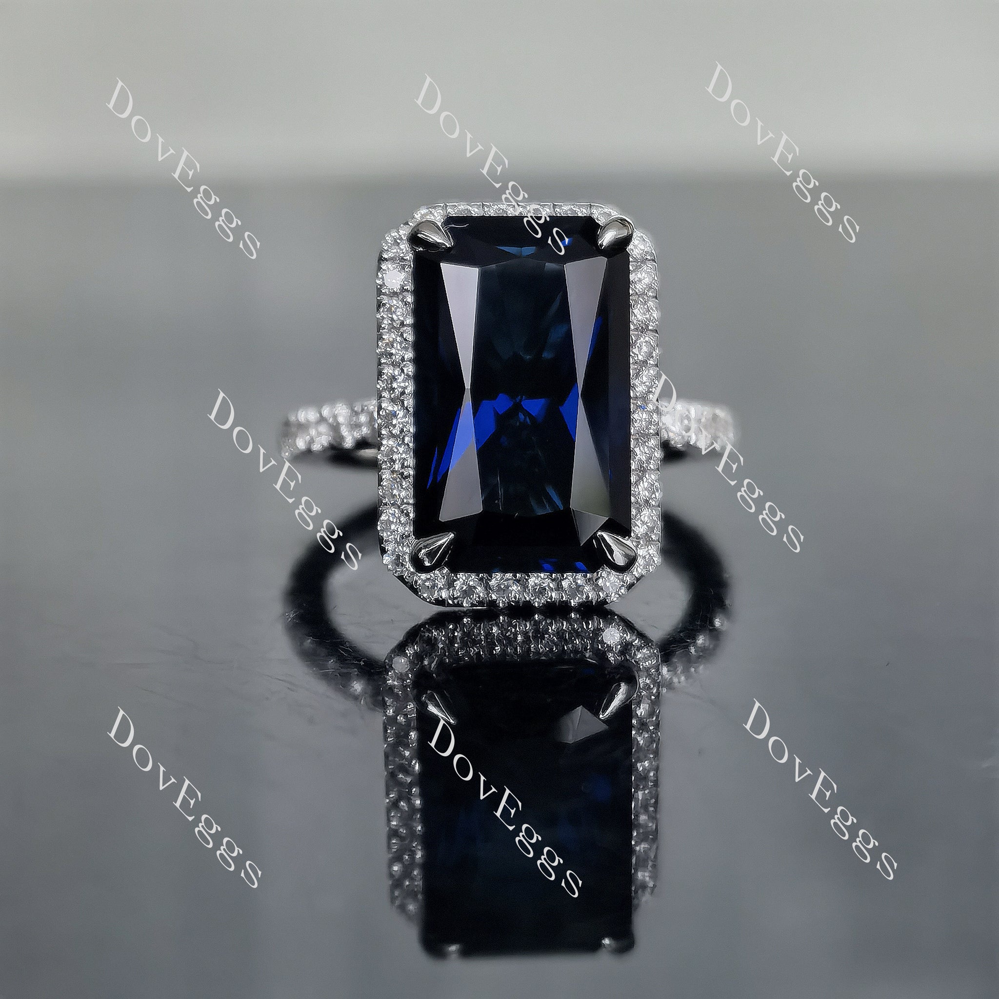 Doveggs elongated radiant halo pave colored gem ring
