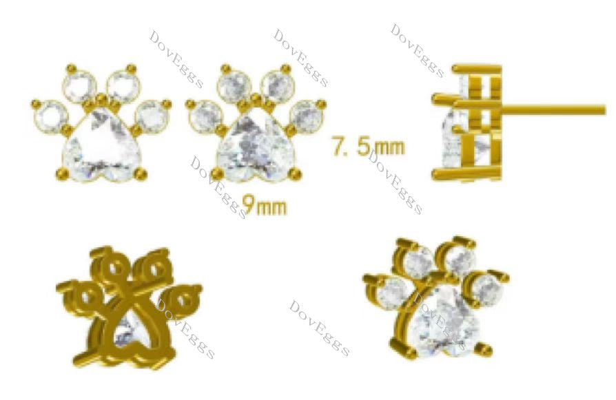 Doveggs pet paws heart moissanite stud earrings for women