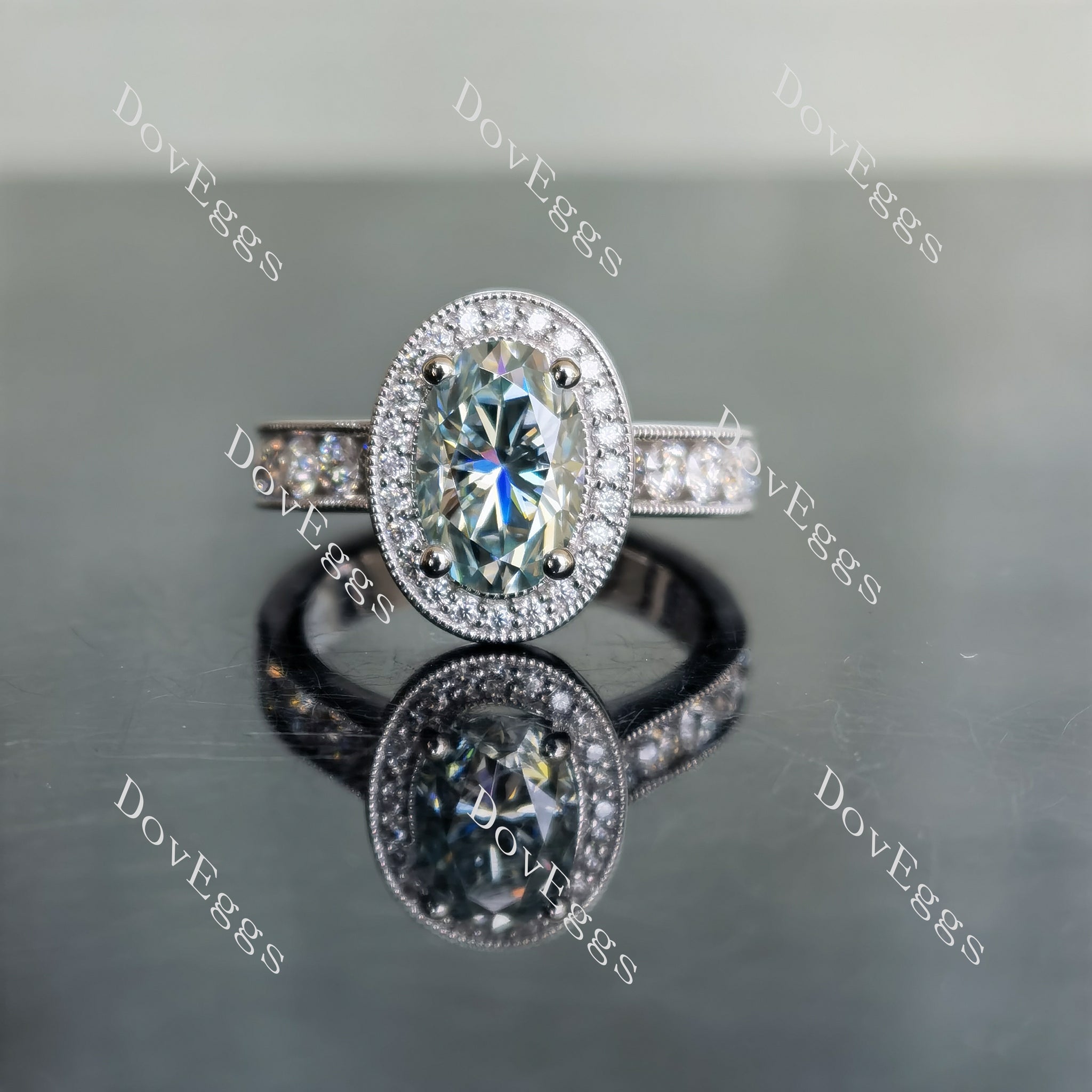 DovEggs oval channel set halo colored moissanite engagement ring
