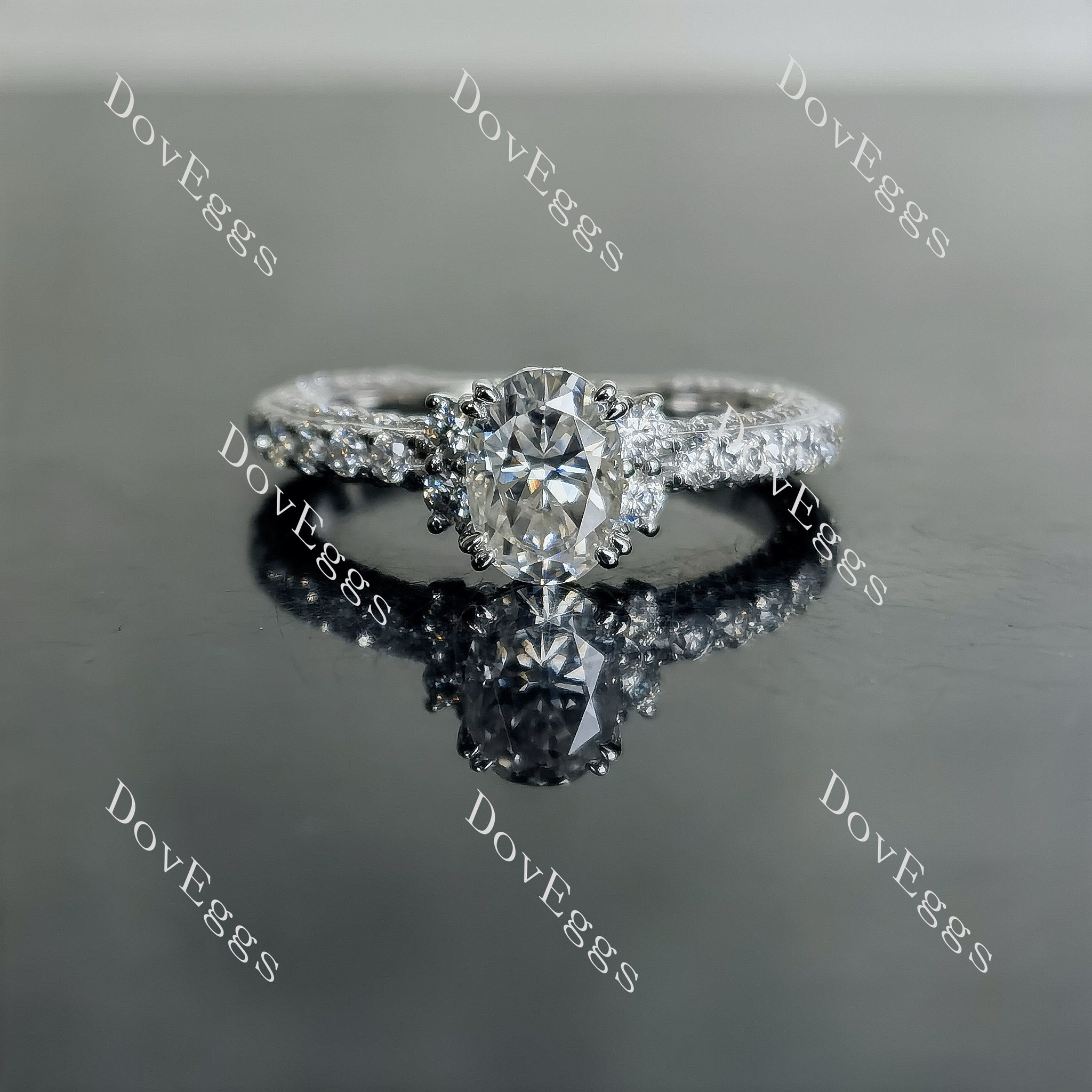 Doveggs oval pave moissanite engagement ring