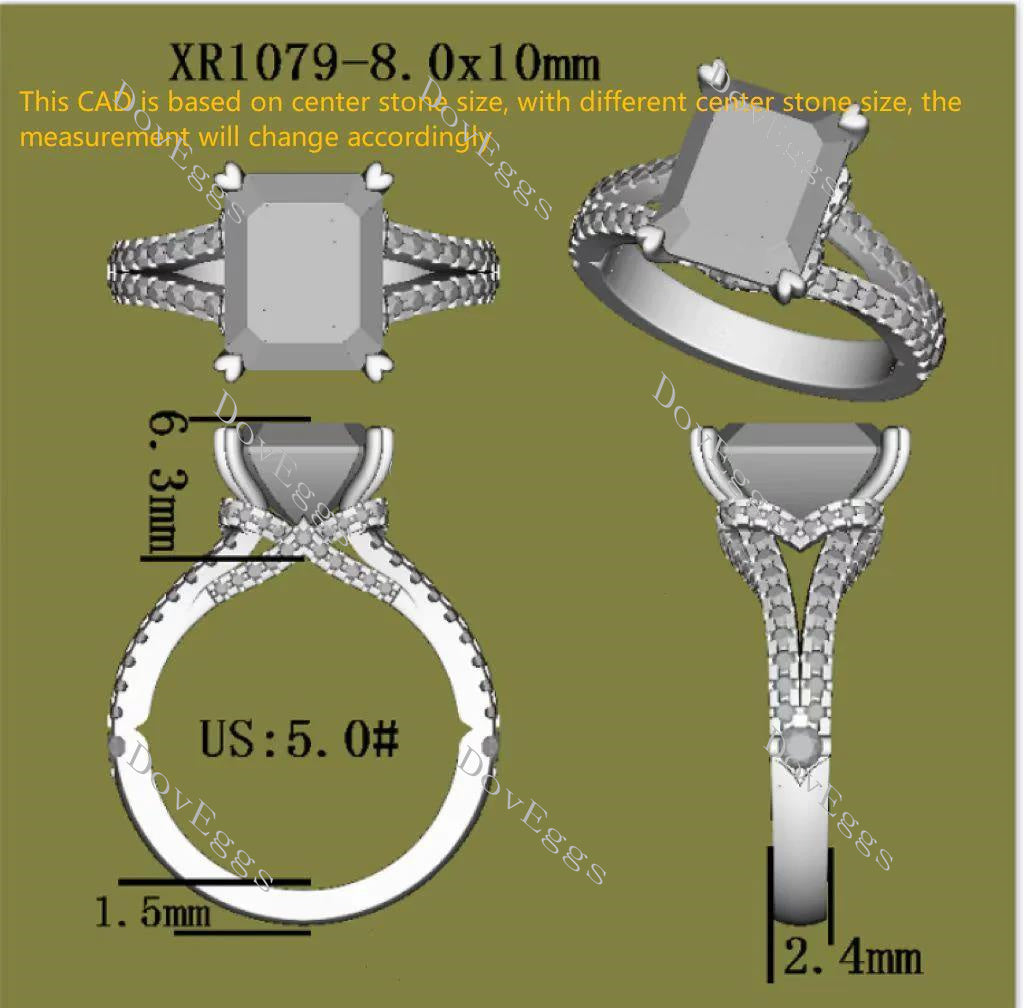 Doveggs radiant split shank pave moissanite engagement ring