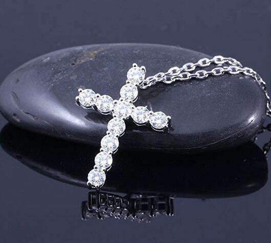 doveggs moissanite cross pendant necklace 14K white gold 1.1 carat center 3mm round brilliant moissanite for women - DovEggs-Seattle