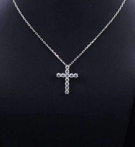 doveggs moissanite cross pendant necklace platinum plated silver 1.1 carat center 3mm g-h-i color round moissanite for women - DovEggs-Seattle