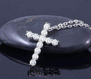 doveggs moissanite cross pendant necklace platinum plated silver 1.1 carat center 3mm g-h-i color round moissanite for women - DovEggs-Seattle