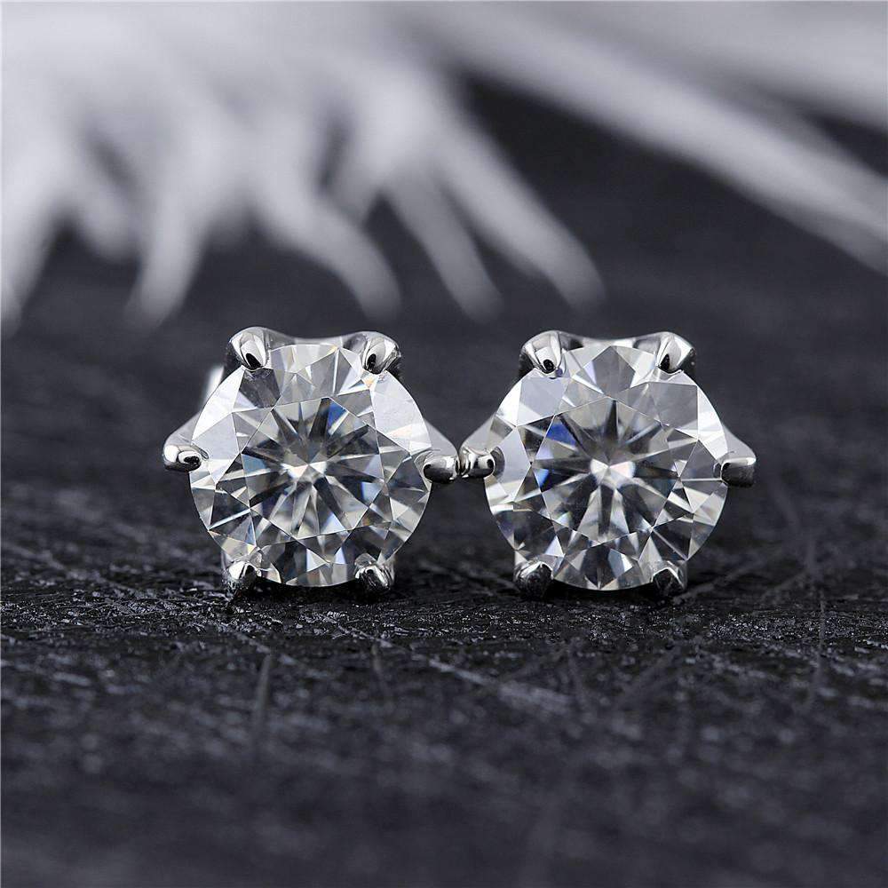 doveggs moissanite earring 14k white gold 2 carat center 6.5mm gh color round moissanite studs push back - DovEggs-Seattle