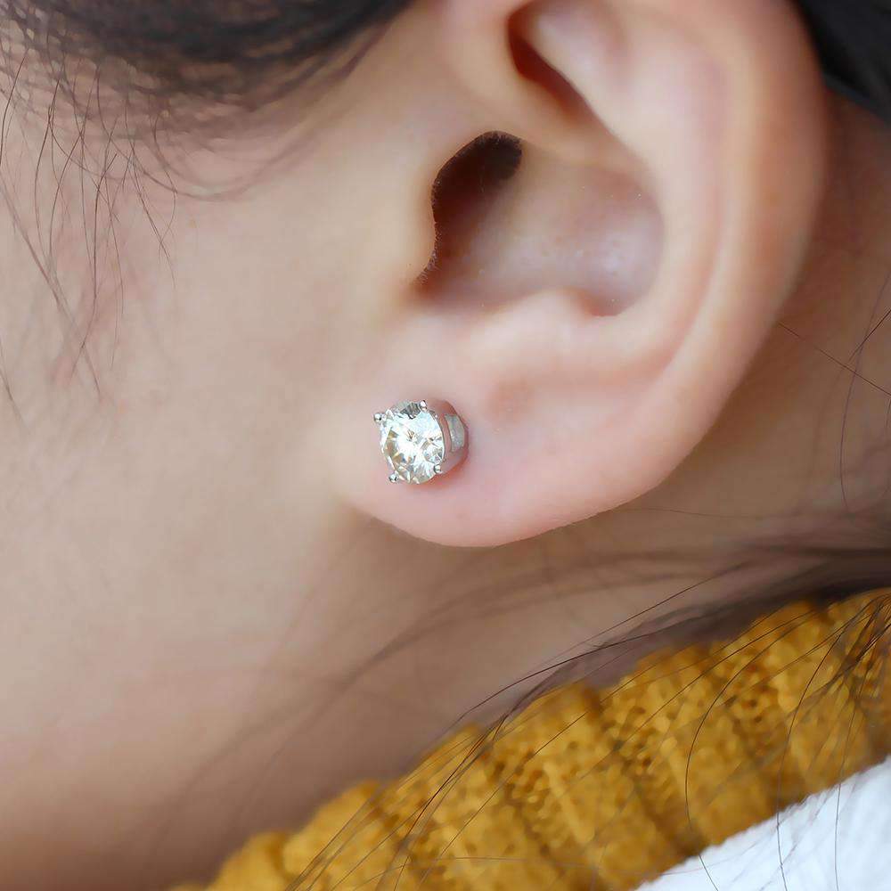 doveggs moissanite earring studs 10k white gold post 1 carat center 5mm g-h-i color round moissanite platinum plated silver push back for women - DovEggs-Seattle