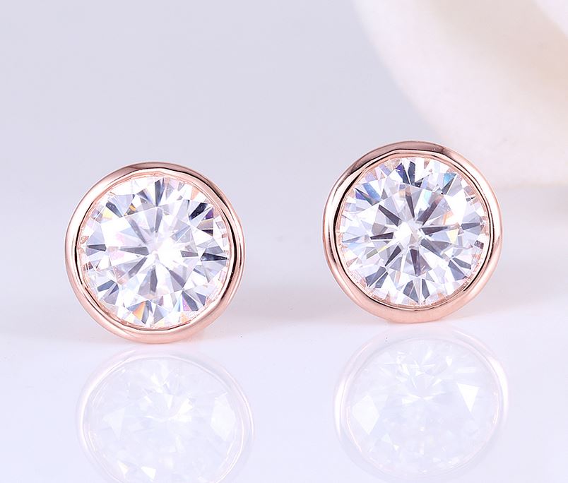 doveggs moissanite earring studs 14k rose gold 2ct 6.5mm moissanite earring stud bezel setting push back for women and men - DovEggs-Seattle